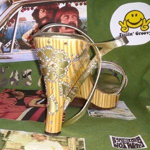 *Naughty But Nice 70's crystal leather embellished strappy wood platform…